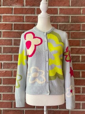 Lingua Franca Delia Wool Cashmere Floral Glacier Blue Cardigan Size S NWOT